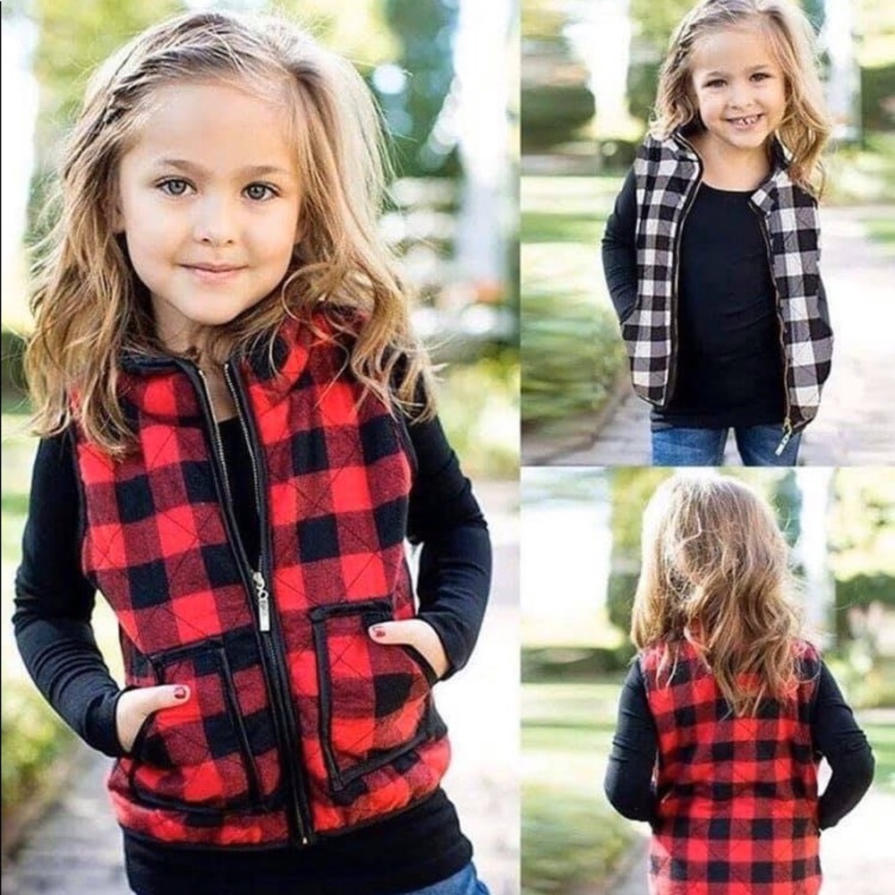 Red or White Buffalo Plaid Zipper Vest w/ pockets